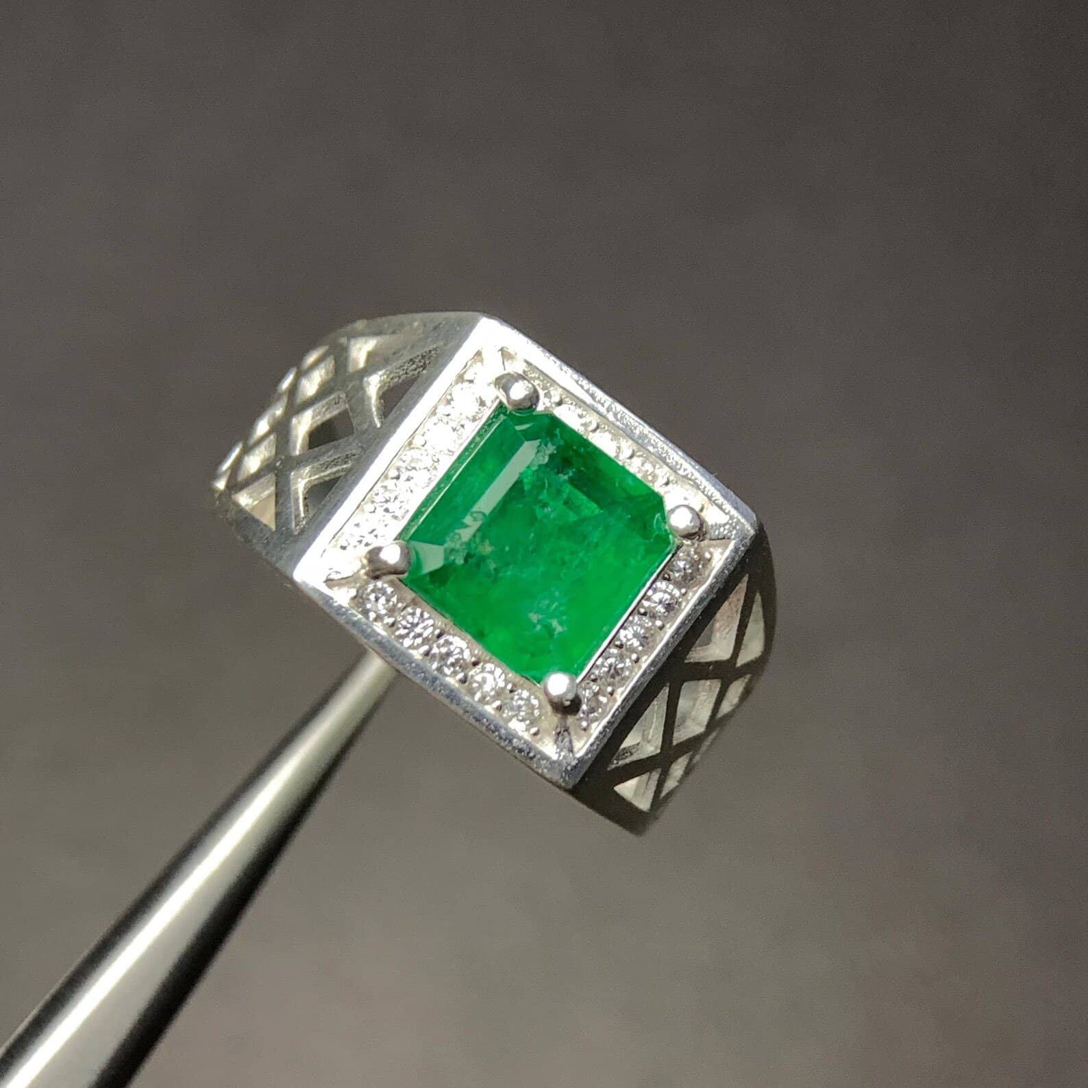 Men's Rectangular Green Emerald Sterling Silver Ring, natural green emerald from Pakistan