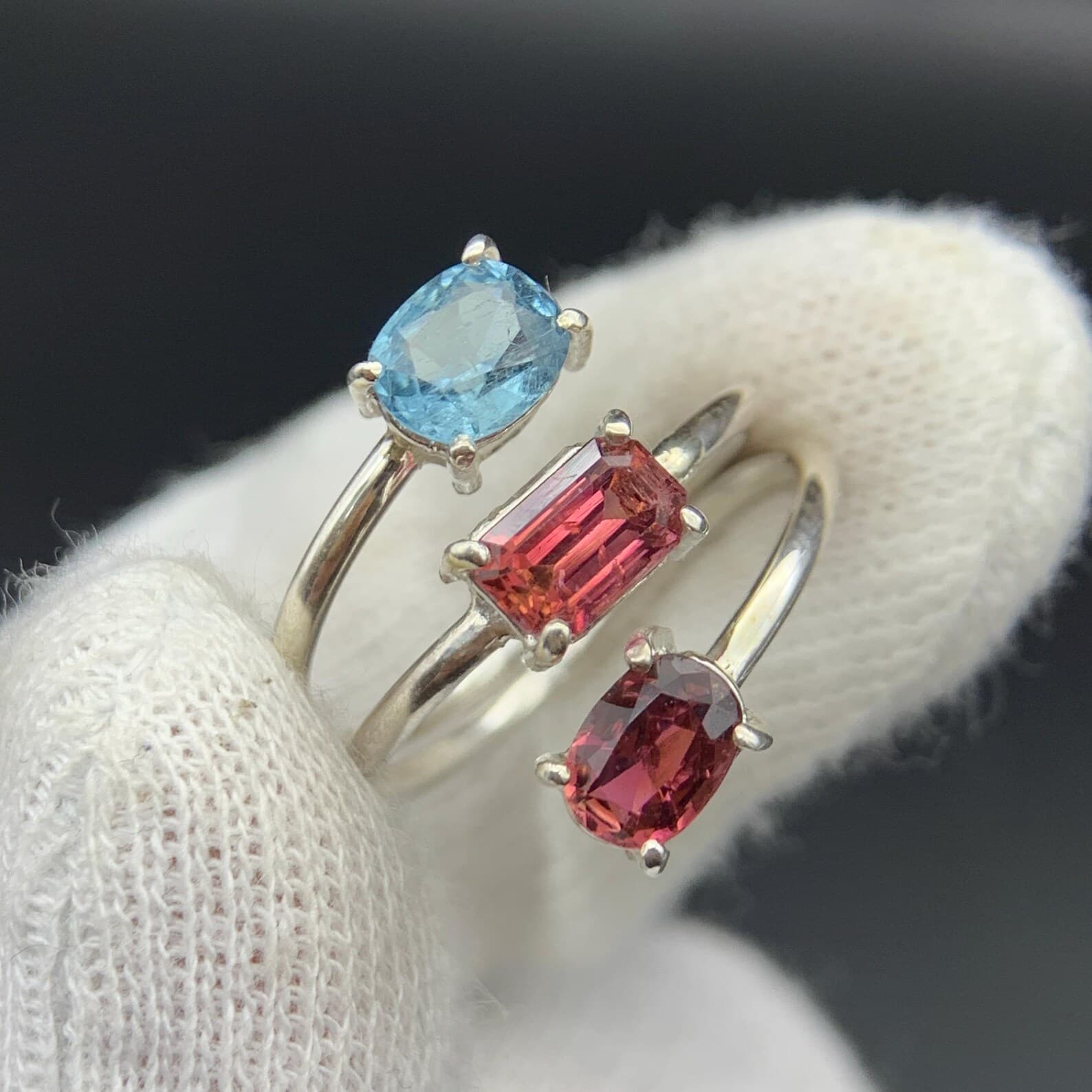 Three Stone Tourmaline Sterling Silver Ring, natural mixed tourmaline from Pakistan