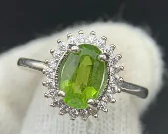 Women's Halo Green Peridot Sterling Silver Ring, natural green peridot from Pakistan