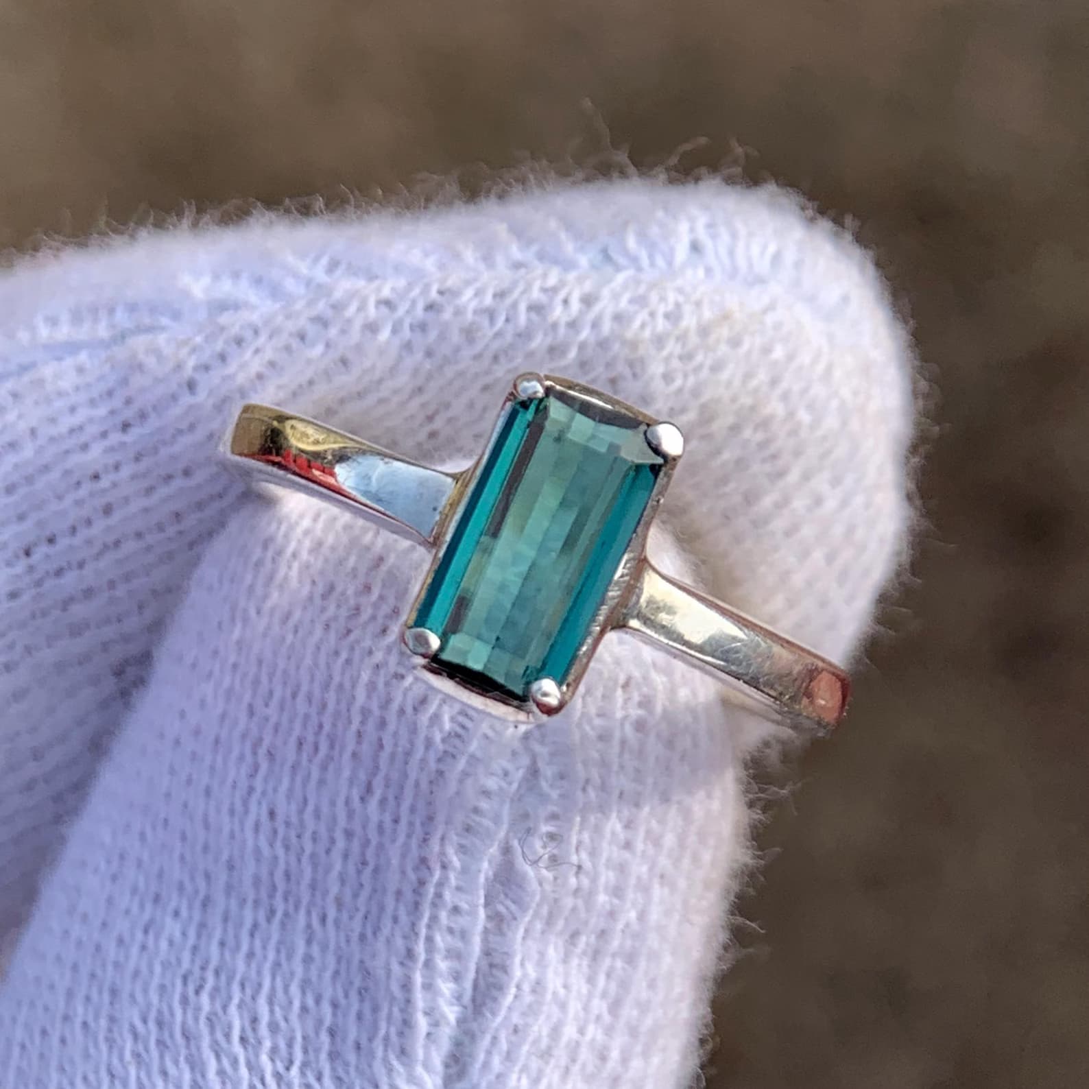 Men's Rectangular Teal Indicolite Tourmaline Sterling Silver Ring, natural teal tourmaline from Pakistan