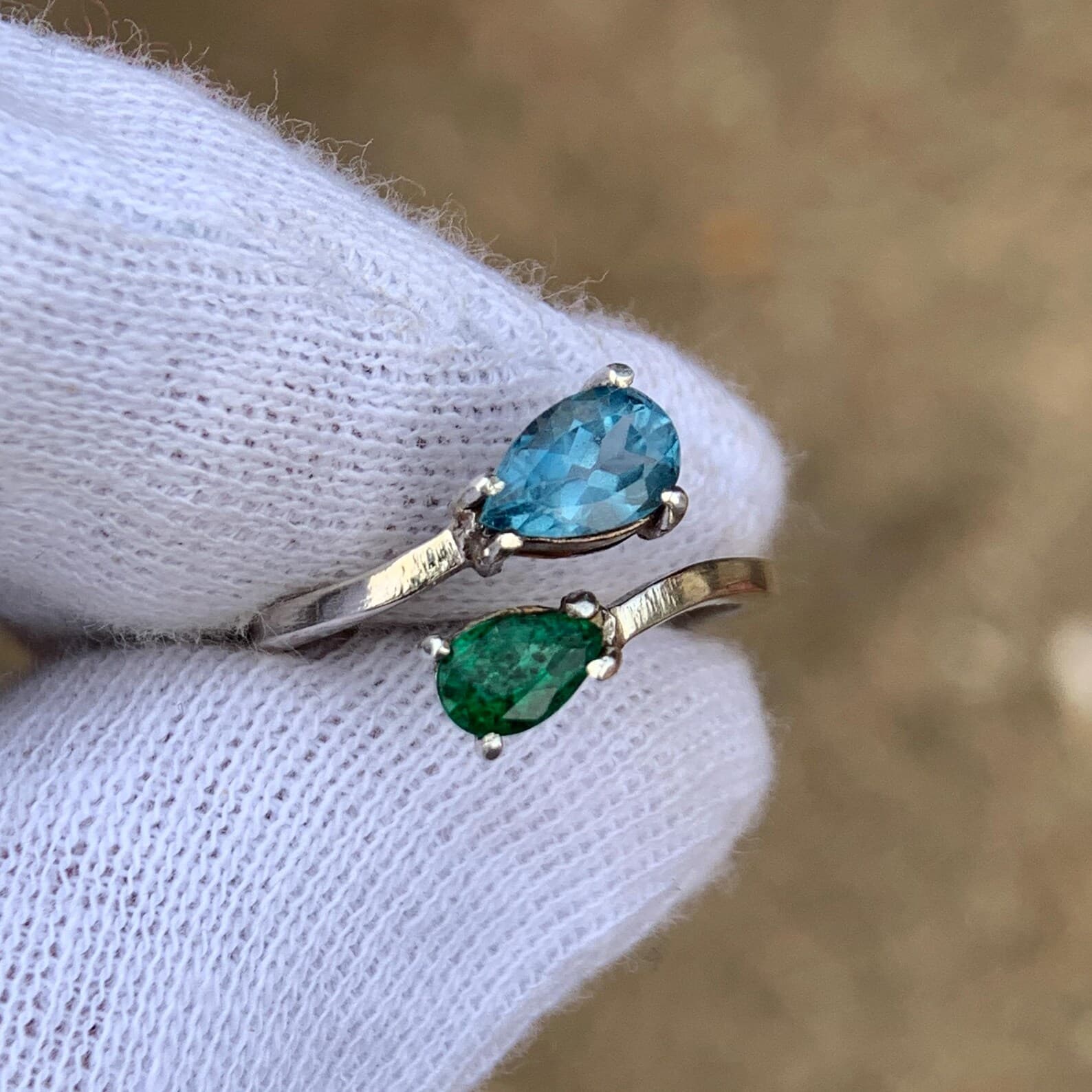 Pear Green Emerald Sterling Silver Ring, natural green emerald from Pakistan