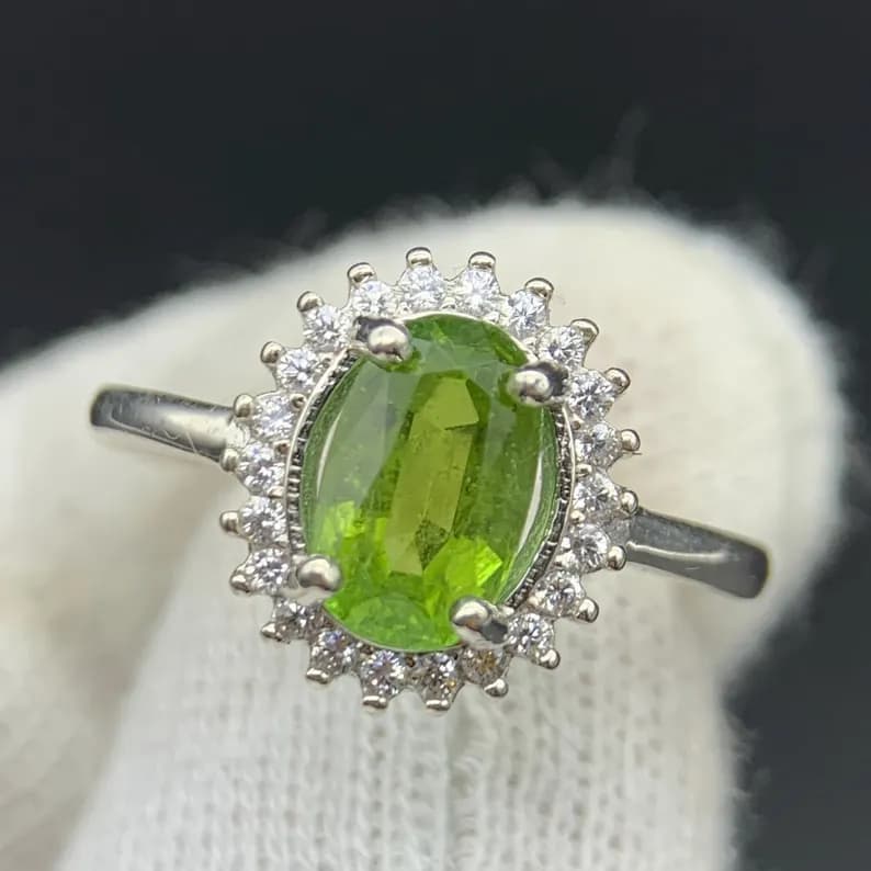 Women's Halo Green Peridot Sterling Silver Ring, natural green peridot from Pakistan, ,